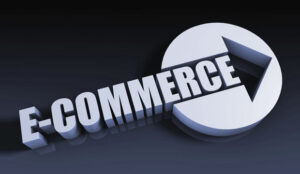 E-commerce concept illustrated with 3D bold text and a forward-moving arrow representing growth in online business"