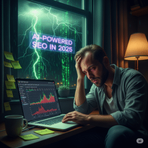 A stressed SEO expert sits at night in front of a laptop showing Google Search Console traffic drop graphs. Outside the window, a digital storm with binary lightning rages, with “AI-Powered SEO in 2025” glowing in neon.